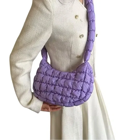 Bubble, puffy, quilted pleated, small cloud purse with shoulder strap. PURPLE - Picture 1 of 6